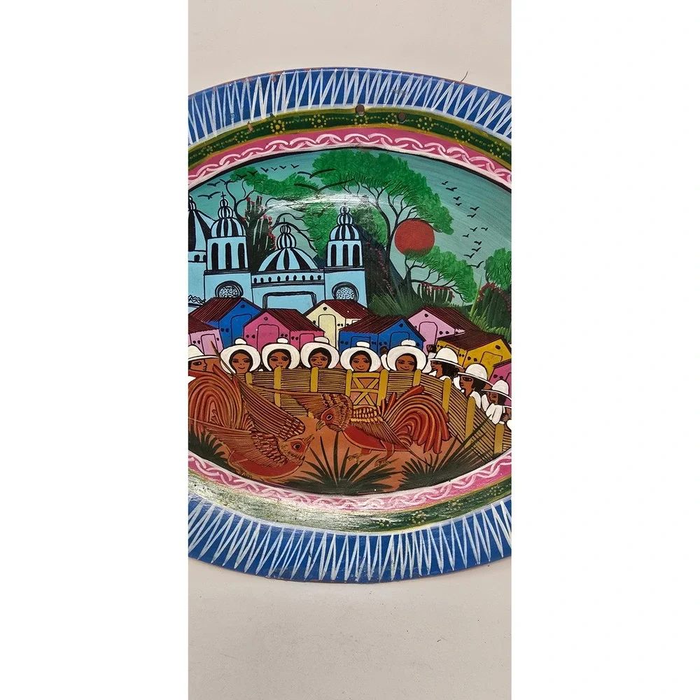 Vtg Mexican storyteller folk art fish terracotta wall art hand painted‎ plate